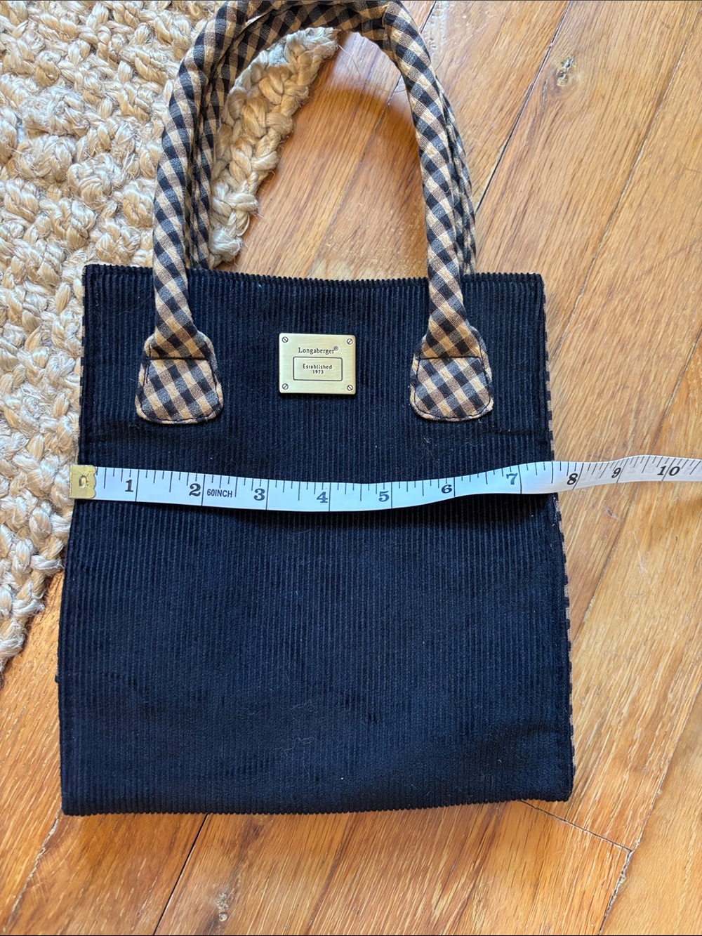 Longaberger Black Corduroy Tote with Brown Plaid Handles - Picture 6 of 7